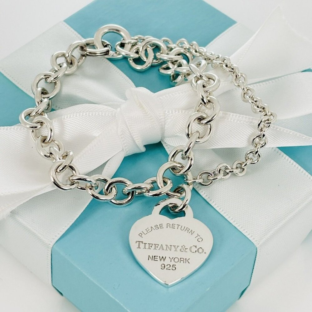 Please Return to Tiffany & Co. Heart Tag Charm Bracelet Double Chain 7.75"